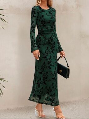 Forest Green Floral Ruched Long-Sleeve Maxi Dress